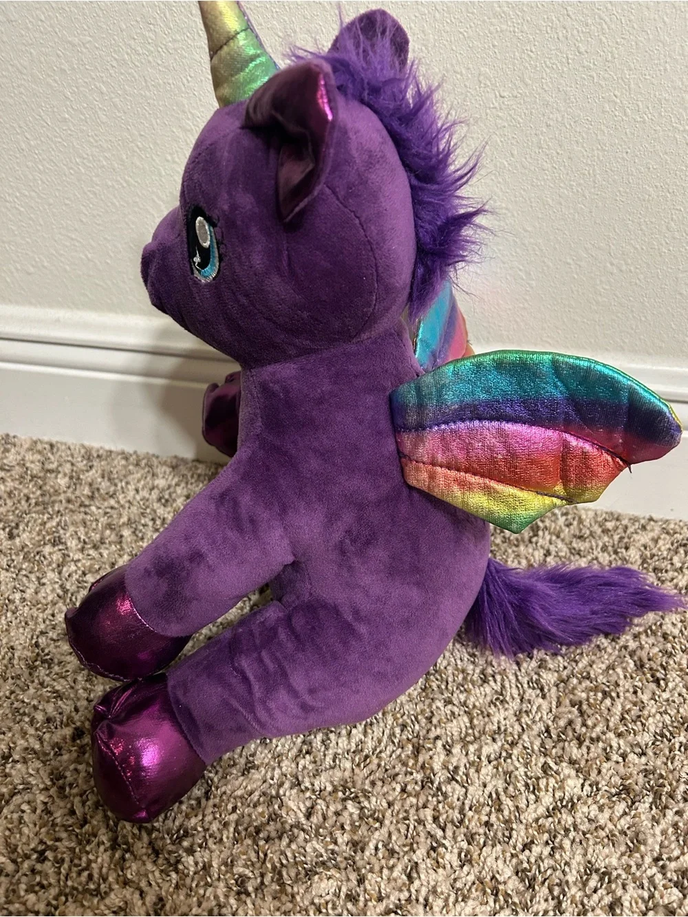 Purple Plush Unicorn Stuffed Toy with Rainbow Horn - 14”